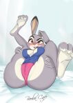 2020 anthro areola bed blush body_blush boobacafe breasts camel_toe clothing disney female furniture hi_res holding_both_legs holding_legs_up judy_hopps lagomorph legs_up leporid long_ears looking_offscreen mammal multicolored_body on_bed panties presenting rabbit shirt signature solo spread_legs spreading tank_top topwear two_tone_body underwear zootopia