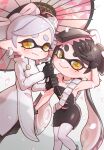  2girls absurdres black_dress black_gloves black_hair bow-shaped_hair callie_(splatoon) closed_mouth coat colored_tips cousins dress earrings falling_petals food food_on_head gloves grey_hair highres holding holding_umbrella hoop_earrings inkling jewelry long_hair looking_at_viewer marie_(splatoon) mole mole_under_eye multicolored_hair multiple_girls nokino_(nokinokin0) object_on_head pantyhose petals pink_hair pink_petals pointy_ears short_eyebrows short_hair smile splatoon_(series) star-shaped_pupils star_(symbol) strapless strapless_dress sushi symbol-shaped_pupils tentacle_hair thick_eyebrows two-tone_hair umbrella white_background white_coat white_pantyhose yellow_eyes yellow_pupils 
