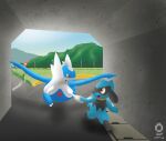 anthro blue_body duo eye_contact fence feral generation_3_pokemon generation_4_pokemon hand_holding hand_on_hand kemo_leight landscape latios legendary_pokemon looking_at_another male mountain multicolored_body nintendo outside pokemon pokemon_(species) riolu road sign tunnel yellow_eyes