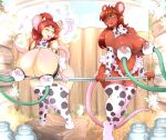 animal_print anthro big_breasts bodily_fluids breast_milking breast_size_difference breasts clothing cow_print duo eyelashes female hi_res huge_breasts lactating legwear leonkatlovre machine mammal milking_machine mouse murid murine open_mouth open_smile pupils rodent smile thick_thighs thigh_highs