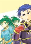  1boy 2girls armor blue_armor blue_hair breasts fire_emblem fire_emblem:_the_blazing_blade fire_emblem_heroes green_eyes green_hair hector_(fire_emblem) high_ponytail highres hukashin large_breasts looking_at_another lyn_(brave_lady)_(fire_emblem) lyn_(fire_emblem) multiple_girls 