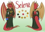 anthro backless_clothing belt clothing dragon female fin food furgonomics gold_scales gold_trim green_clothing head_fin horn jewelry magic meat model_sheet mythological_creature mythological_scalie mythology necklace pork red_body red_scales robe scales scalie selena_(golddrake) solo spell tail tail_fin text tomasyri wings