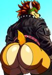alternative_fashion anthro backsack balls big_butt bowser butt clothing daddytwinkle genitals gradient_background hair hairless_balls hairless_butt hi_res horn jacket koopa leather leather_clothing leather_jacket leather_topwear male mario_bros nintendo punk red_hair scalie shaded simple_background smooth_skin solo spikes studs tail thick_thighs topwear
