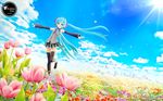  2012 3d absurdres aqua_eyes aqua_hair boots character_name chuukarudoruhu cloud daisy day detached_sleeves dutch_angle field flower flower_field hatsune_miku headset highres lens_flare long_hair necktie outstretched_arms pansy petals skirt sky smile solo spread_arms thigh_boots thighhighs tulip twintails very_long_hair vocaloid 