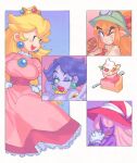  4girls blonde_hair breasts brown_gloves cake collared_shirt colored_skin crown dress earrings flurrie food gloves goombella grin highres ice_cream inkerton-kun jewelry large_breasts long_hair mario_(series) multiple_girls necklace one_eye_closed open_mouth own_hands_together paper_mario paper_mario:_the_thousand_year_door personification pink_dress pink_hair pointy_ears princess_peach purple_skin shirt smile sundae vivian_(paper_mario) white_gloves 