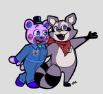 2024 anthro bear clothed clothing crossover digital_media_(artwork) duo fangs fingers five_nights_at_freddy&#039;s five_nights_at_freddy&#039;s:_security_breach five_nights_at_freddy&#039;s:_security_breach_ruin hat headgear headwear helpy_(fnaf) hi_res indigo_park male mammal mostly_nude open_mouth open_smile procyonid raccoon rambley_(indigo_park) scarf scarf_only scottgames simple_background smile steel_wool_studios teeth tongue vhs_star