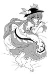  barefoot blush feet greyscale hinanawi_tenshi long_hair monochrome solo takaku_toshihiko touhou 