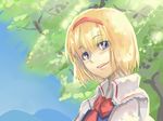  :d alice_margatroid aryus bad_id bad_pixiv_id blonde_hair blue_eyes blush bob_cut bow bowtie collar dappled_sunlight day hairband looking_at_viewer necktie open_mouth parted_lips plant portrait red_neckwear ribbon-trimmed_clothes ribbon_trim short_hair sketch smile solo sunlight touhou tree 