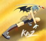  artist_request bat_wings blue_hair boots gloves katana kaz male_focus pangya red_eyes solo sword weapon wings 