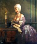  artist_request breasts candle cleavage dress isabella_valentine large_breasts short_hair solo soulcalibur white_hair 