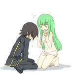  1girl bandaid bangs barefoot c.c. code_geass green_hair kneeling lelouch_lamperouge long_hair tears yukke 