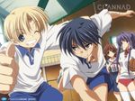  2girls artist_request basketball buruma clannad fujibayashi_kyou furukawa_nagisa grin gym_uniform hikarizaka_private_high_school_uniform multiple_boys multiple_girls official_art okazaki_tomoya one_eye_closed school_uniform smile sunohara_youhei thumbs_up wallpaper 