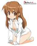  barefoot breasts brown_eyes brown_hair cleavage long_hair medium_breasts oekaki onija_tarou open_clothes open_shirt original shirt simple_background solo white_background 