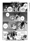  3girls ahoge blush blush_stickers bow cape caro_ru_lushe closed_eyes coat comic erio_mondial greyscale hard_translated headband heart jacket lyrical_nanoha magical_boy magical_girl mahou_shoujo_lyrical_nanoha_strikers midriff mikage_takashi monochrome multiple_girls open_clothes open_coat open_jacket subaru_nakajima teana_lanster translated twintails 