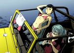  belt bikini black_hair blue_eyes breasts car cigarette copyright_request denim ground_vehicle jeans jeep medium_breasts midriff motor_vehicle multiple_girls pants raglan_sleeves smoking stretch swimsuit twintails underboob undressing yoneda_taishou 