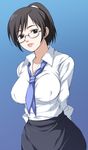  arms_behind_back black_eyes black_hair breasts glasses holon large_breasts necktie pencil_skirt ponytail real_drive short_hair skirt solo tannoi_(nyino) 