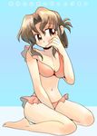  bare_arms bare_legs barefoot bikini bikini_skirt blue_background blush breasts brown_eyes brown_hair cleavage collarbone folded_ponytail full_body hayate_no_gotoku! large_breasts looking_at_viewer maria_(hayate_no_gotoku!) non-web_source orange_bikini simple_background sitting solo swimsuit thighs wariza 