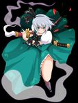  aqua_eyes from_above ghost hair_ribbon hairband hitodama katana konpaku_youmu konpaku_youmu_(ghost) ready_to_draw redlark ribbon sheath sheathed short_hair silver_hair solo sword touhou weapon 