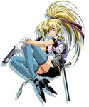  90s artist_request blonde_hair blue_legwear burn-up burn-up_w cuffs gun handcuffs handgun kinezono_rio lowres official_art pistol police police_uniform ponytail solo thighhighs tonfa uniform weapon white_background zettai_ryouiki 