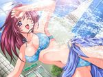  bikini blue_sarong eraburu game_cg long_hair mochizuki_nozomu non-web_source one_eye_closed purple_eyes red_hair sarong solo splashing swimsuit water 