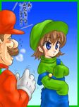  1girl artist_request baseball_cap blue_background breath brown_hair crossed_arms facial_hair flying_sweatdrops genderswap genderswap_(mtf) gloves hat long_sleeves lowres luigi mario mario_(series) motion_lines mustache overalls short_hair simple_background super_mario_bros. trembling white_gloves 