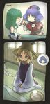  bad_id bad_pixiv_id blonde_hair comic green_hair hat hungry kochiya_sanae long_hair miruguramu moriya_suwako multiple_girls purple_hair short_hair silent_comic stomach_growling thighhighs touhou yasaka_kanako 