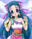  blue_eyes blue_hair blush bow bracelet chiru dragon_quest dragon_quest_v dress earrings flora hair_bow half_updo jewelry long_hair open_mouth pink_bow very_long_hair 