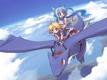  ahoge bike_shorts blonde_hair blue_eyes blue_hair borrowed_character cloud day dragon flying girl_with_a_blonde_braid_(tomoshibi_hidekazu) multiple_girls multiple_riders pixiv_fantasia pixiv_fantasia_2 riding sky skywind_ehrhardt tomoshibi_hidekazu 