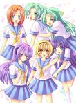  blonde_hair blue_eyes blue_hair blush furude_rika green_eyes green_hair hairband half_updo hanyuu higurashi_no_naku_koro_ni horns houjou_satoko hug long_hair mizuno_yun multiple_girls one_eye_closed orange_hair ponytail purple_eyes purple_hair ribbon ryuuguu_rena school_uniform serafuku short_hair siblings sisters smile sonozaki_mion sonozaki_shion twins yellow_eyes 