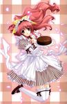  absurdres bow cake dress food gloves hair_bow highres jumping kimizuka_aoi long_hair magi-cu pastry plaid plaid_background red_eyes red_hair solo striped thighhighs tray vertical-striped_dress vertical_stripes waitress wavy_hair white_gloves white_legwear yellow_bow 