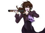  artist_request brown_hair dress earrings gun jewelry lever_action makeup mare's_leg ponytail rifle solo umineko_no_naku_koro_ni ushiromiya_natsuhi weapon winchester_model_1894 