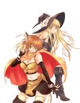  animal_ears artist_request bare_shoulders blonde_hair blue_eyes boots breasts buckle cape cat_ears cat_tail cleavage elbow_gloves fantasy fingerless_gloves gloves green_eyes hat large_breasts long_hair multiple_girls navel orange_hair original short_hair smile tail thighhighs witch witch_hat yellow_eyes zettai_ryouiki 