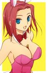  animal_ears blue_eyes bow breasts bunny_ears bunnysuit cleavage code_geass happy kallen_stadtfeld large_breasts leotard lighter pink_hair pink_leotard plum_(arch) short_hair smile solo upper_body 