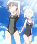  armpits blonde_hair brown_eyes brown_hair closed_eyes cloud day erica_hartmann error gertrud_barkhorn multiple_girls non-web_source one-piece_swimsuit screencap short_hair sky smile strike_witches swimsuit twintails world_witches_series 