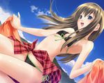  :d armpits beach bikini blue_eyes blush brown_hair cloud day dutch_angle flat_chest front-tie_top kneeling long_hair navel open_mouth outdoors plaid plaid_sarong pp:_pianissimo print_sarong red_sarong sarong shirakawa_ayane side-tie_bikini skirt sky smile solo sugina_miki swimsuit 