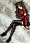  absurdres artist_request black_legwear brown_hair fate/stay_night fate_(series) green_eyes highres legs long_hair long_legs naughty_face scan skirt solo thighhighs toosaka_rin two_side_up zettai_ryouiki 