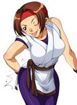  :p ;p bad_id bad_pixiv_id blush breasts brown_eyes brown_hair dougi headband large_breasts long_hair one_eye_closed ryuuko_no_ken sash solo spandex the_king_of_fighters tongue tongue_out tsukiomi_hikari yuri_sakazaki 