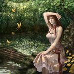  brown_eyes bug butterfly copyright_request dress forest idnar insect nature realistic red_hair scenery sitting smile solo water 