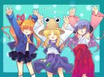  :d \o/ arms_up auu closed_eyes crossover hakama hanyuu happy hat higurashi_no_naku_koro_ni japanese_clothes kanon moriya_suwako multiple_crossover multiple_girls open_mouth outstretched_arms red_hakama sawatari_makoto shinia smile touhou 