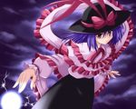  blue_hair bococho capelet frills hat lightning nagae_iku purple_hair ribbon shawl short_hair solo touhou 