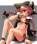  bikini blue_eyes bow braid brown_hair hair_bow hair_ribbon hat katahira_masashi long_hair midriff navel original pirate_hat ribbon side-tie_bikini sitting solo swimsuit twin_braids 