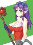  angela_(seiken_densetsu_3) bare_shoulders breasts gloves green_eyes huge_breasts leotard long_hair nagase_haruhito pointy_ears purple_hair red_leotard seiken_densetsu seiken_densetsu_3 solo 