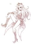  angela_(seiken_densetsu_3) bad_id bad_pixiv_id boots breasts brown cleavage crown fuku_imo gloves hat leotard long_hair medium_breasts monochrome pointy_ears seiken_densetsu seiken_densetsu_3 sketch solo 