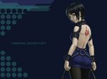  armor ass back back_tattoo backless_dress backless_outfit bangs black_hair black_legwear blue_background blue_dress bob_cut breastplate copyright_name cuffs dress from_behind kagerou:_kokumeikan_shinshou looking_at_viewer looking_back millennia pantyhose parted_bangs polka_dot polka_dot_background short_hair sidelocks solo standing tattoo taut_clothes taut_dress teiku_(take) turtleneck wallpaper 