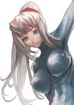  blonde_hair bodysuit breasts grey_eyes large_breasts long_hair metroid ponytail samus_aran shiny shiny_clothes skin_tight solo waa zero_suit 