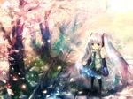  aqua_hair blue_eyes cherry_blossoms detached_sleeves from_above hatsune_miku long_hair looking_up microphone multicolored_hair necktie onineko petals pink_hair solo standing thighhighs twintails vocaloid white_hair 