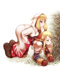 agrias_oaks all_fours armor bangs blonde_hair blue_eyes blush braid brown_eyes final_fantasy final_fantasy_tactics grass hips hood low_twintails multiple_girls robe sexually_suggestive swept_bangs takai torso_grab twintails white_mage white_mage_(fft) 