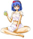  alcohol barefoot beer bloomers blue_hair hair_ornament leaf_hair_ornament michii_yuuki red_eyes solo touhou underwear white_bloomers yasaka_kanako 