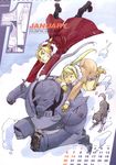  1girl absurdres alphonse_elric arakawa_hiromu armor blonde_hair braid clenched_teeth closed_eyes coat den_(fma) dog edward_elric flamel_symbol full_armor fullmetal_alchemist gloves highres long_hair official_art ponytail prosthesis scan single_braid snow teeth winry_rockbell winter_clothes yellow_eyes 