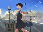  bag black_hair boat closed_eyes copyright_request non-web_source outstretched_arms school_uniform short_hair smile solo spread_arms takamichi walking watercraft 